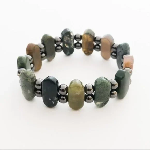 Green Moss Agate Hematite Bracelet Natural Semi Precious Gemstone Artisan